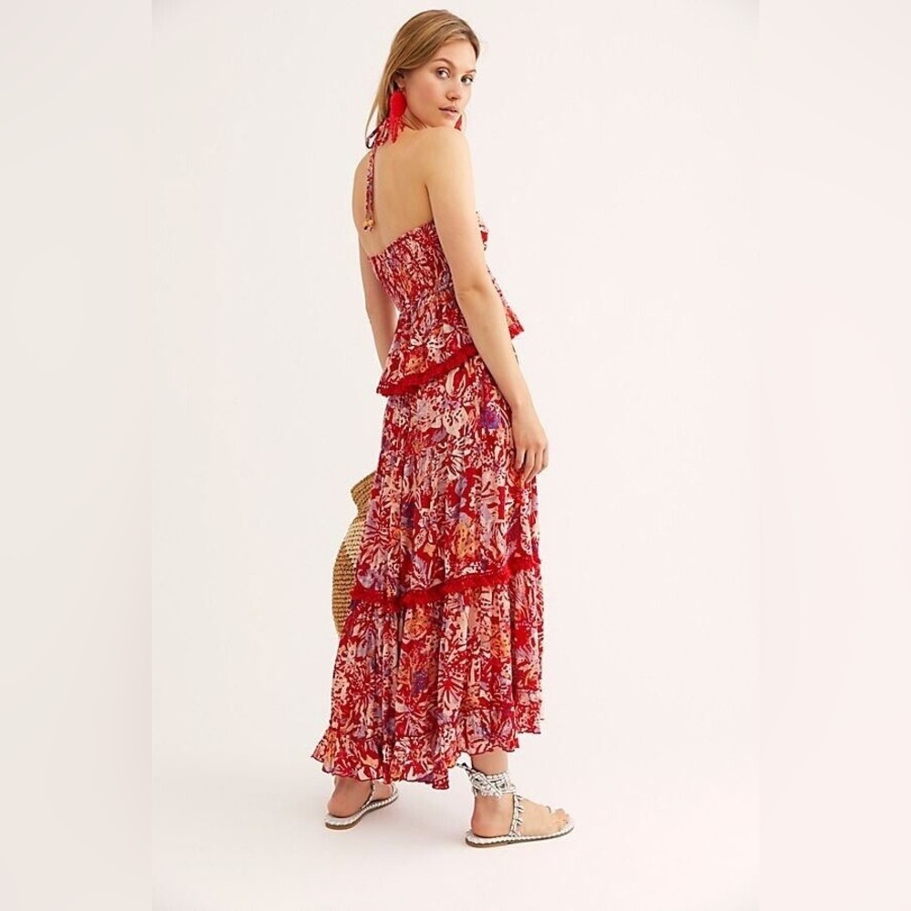 FREE PEOPLE kahlo Red Floral Boho 2-Piece Halter Top & Tiered Maxi Skirt Set xs
